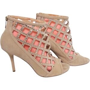 Michael Kors Yvonne Size 8.5M Yvonne Peep Toe Beige Bedazzled Zip Up High Heels